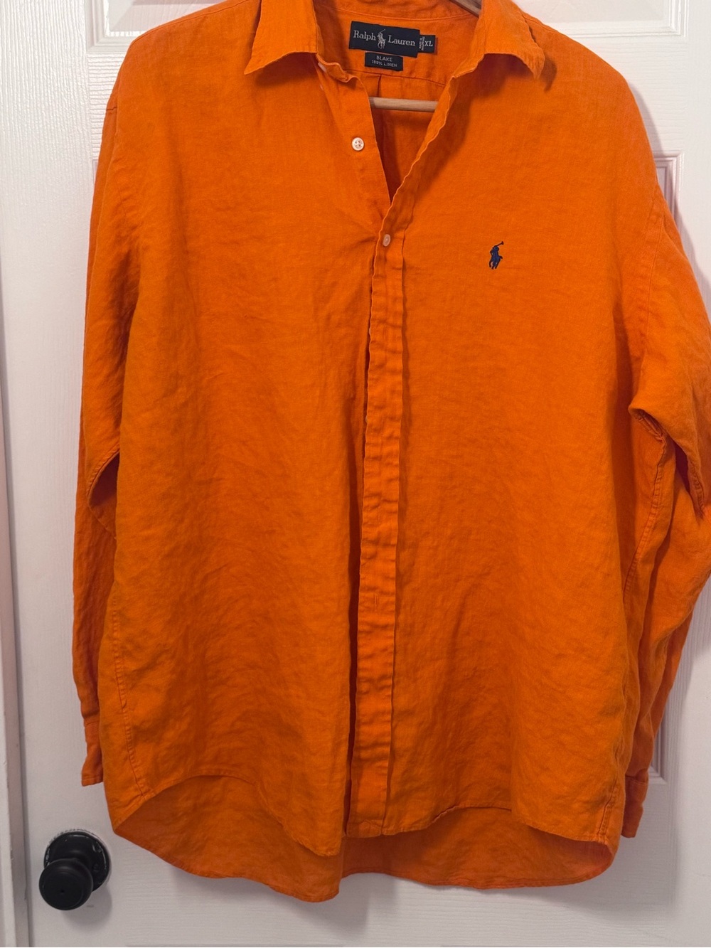 Ralph Lauren Orange Linen Button-Down Shirt with Navy Pony